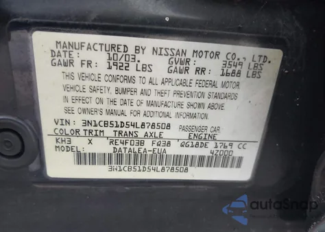 2004 Nissan Sentra 1.8S из США, поврежденный, VIN 3N1CB51D54L878508